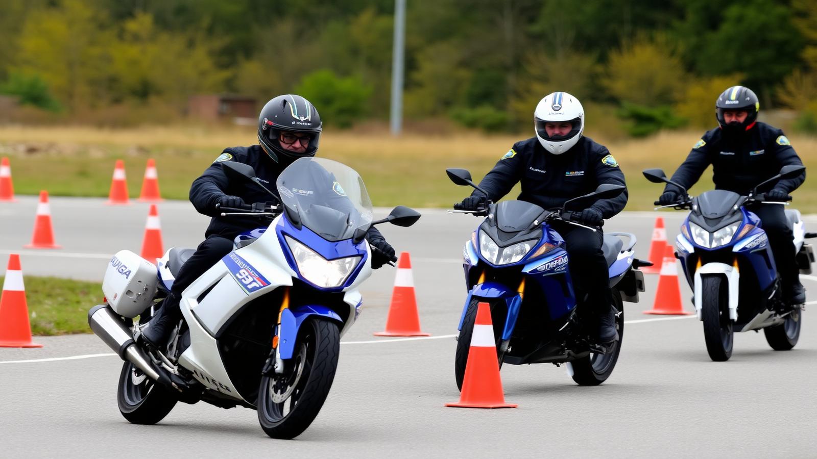 Gendarmes motocyclistes en exercice de maniabilité sur piste