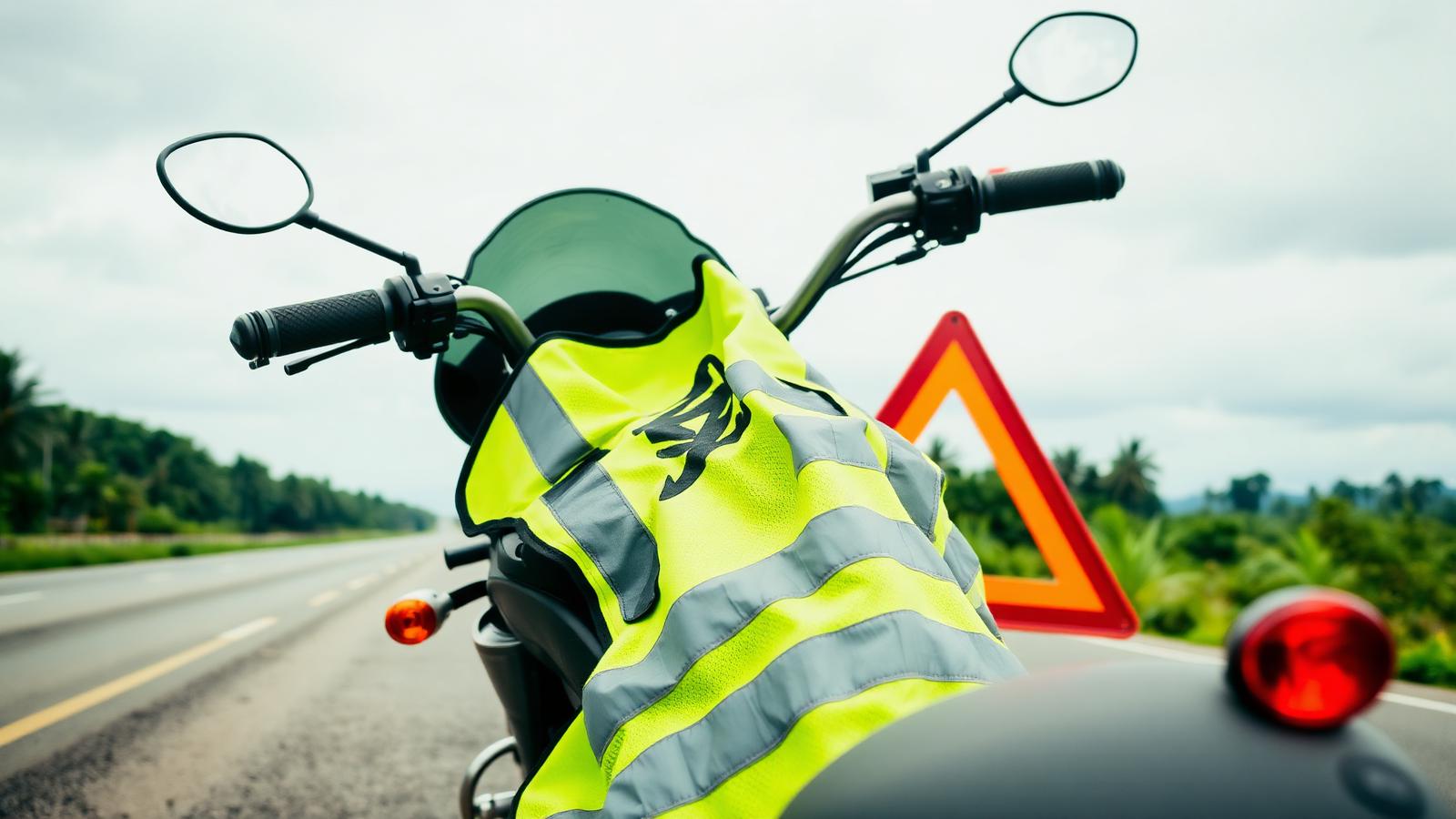 Motard en gilet fluo à côté de sa moto en panne sur le bas-côté