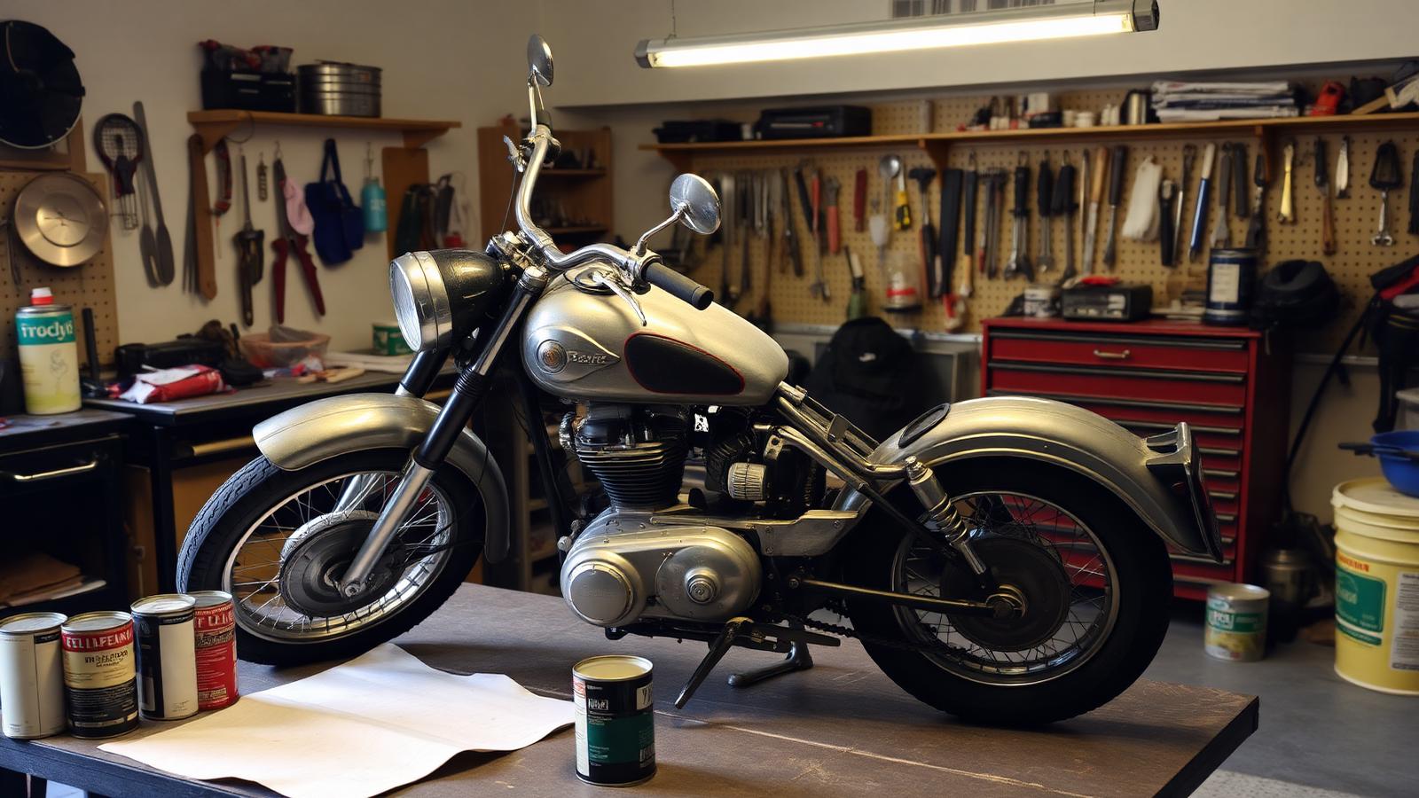 Moto vintage en cours de restauration dans un atelier