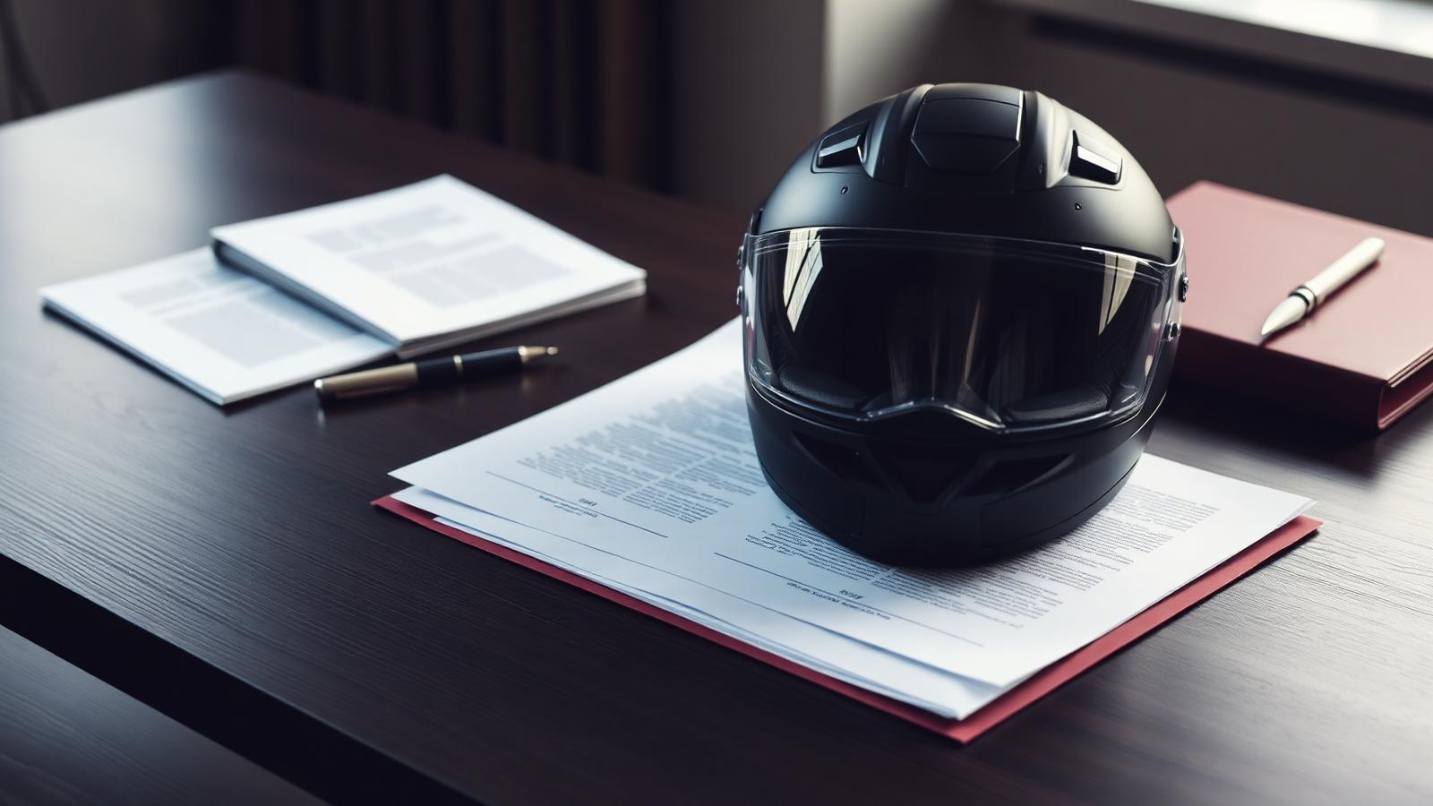 Dossiers juridiques et casque moto posés sur une table de réunion